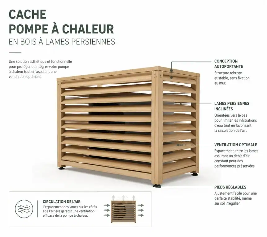 Schéma technique d'un cache pompe à chaleur en bois avec persiennes pour une ventilation optimale