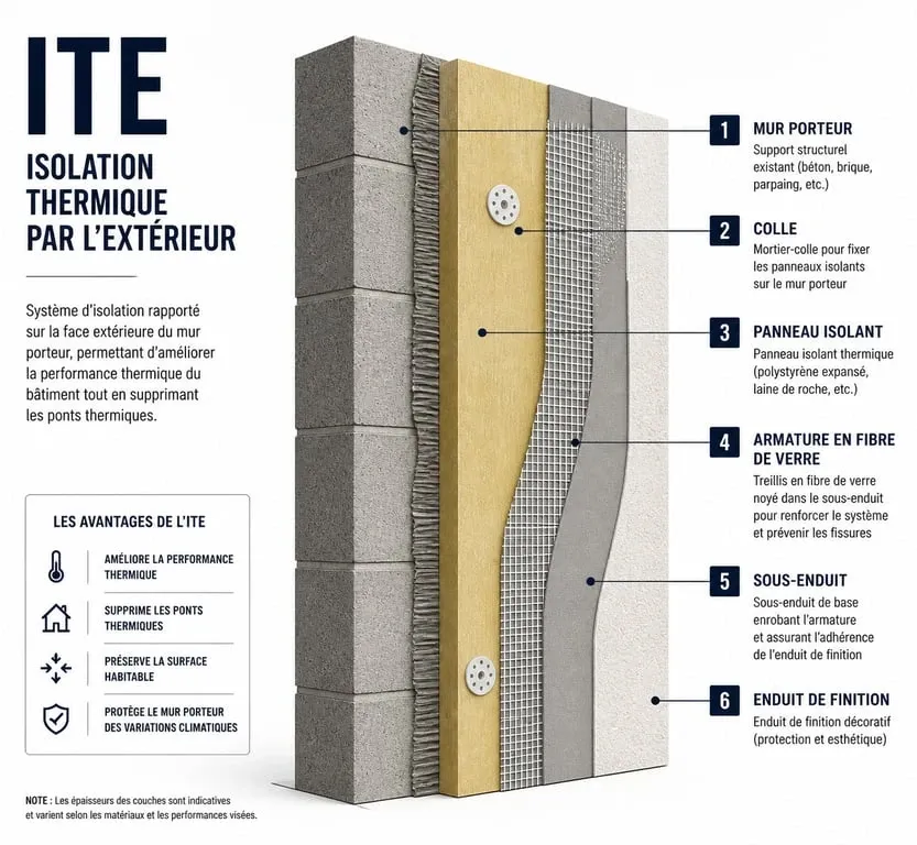 Schéma technique des couches d'une isolation thermique par l'extérieur (ITE) lors d'un ravalement de façade