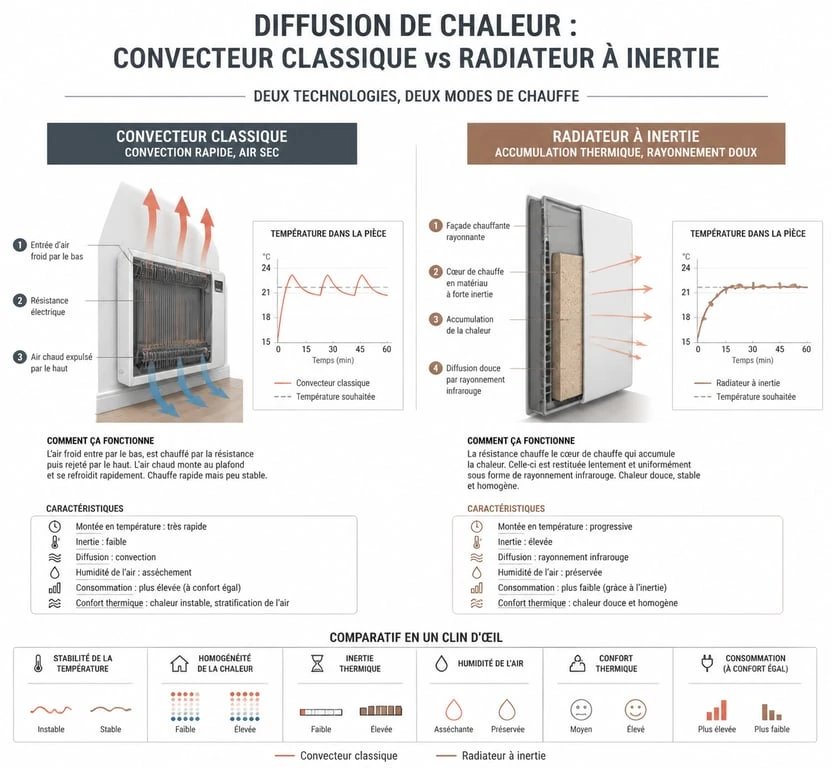 Schéma comparatif du fonctionnement d'un radiateur à inertie et d'un convecteur classique pour comprendre la consommation