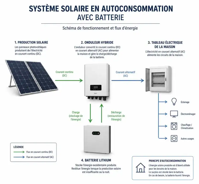Schéma de fonctionnement kit solaire autoconsommation 6000w avec batterie