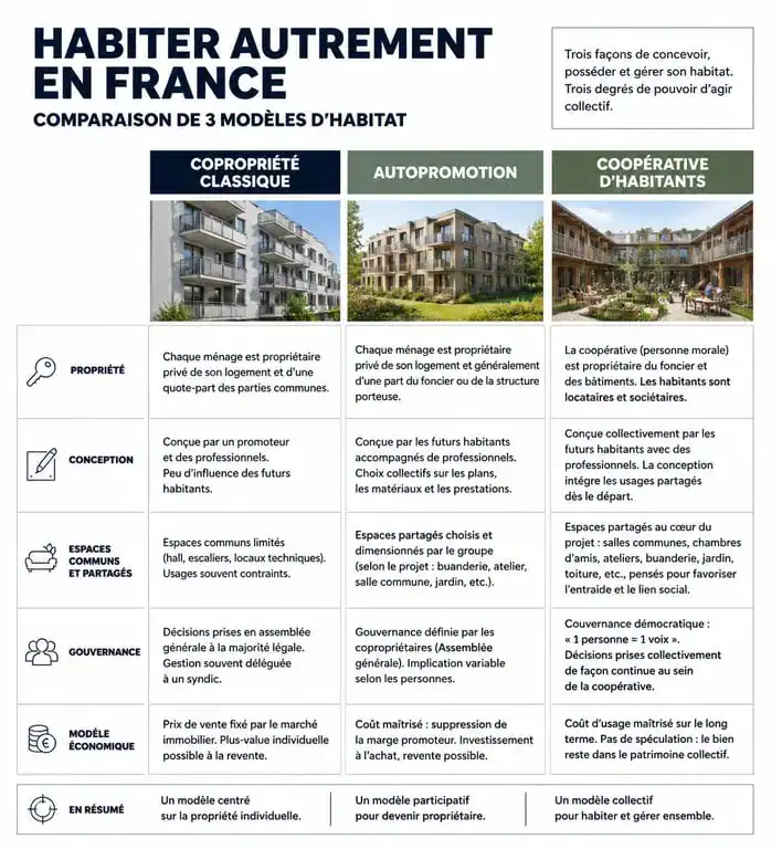 Comparatif des modèles d'habitat participatif en France : copropriété, autopromotion et coopérative