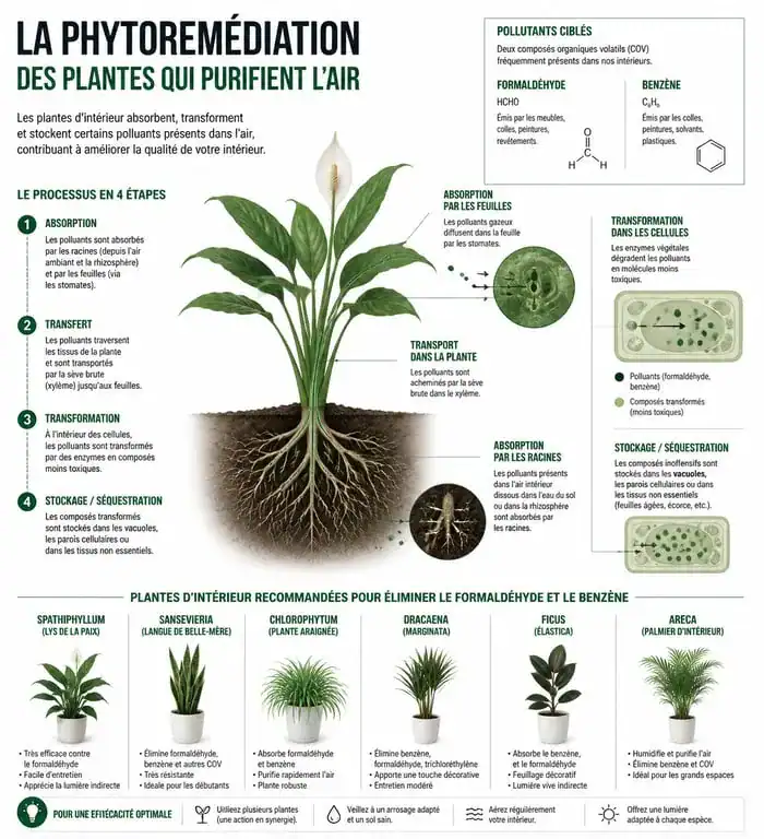 Infographie sur les plantes d'intérieur dépolluantes et le processus de phytoremédiation