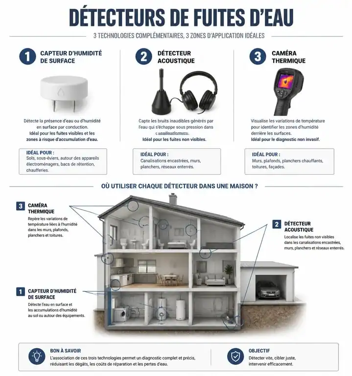 Infographie comparative des technologies de détecteur de fuites d'eau pour la maison