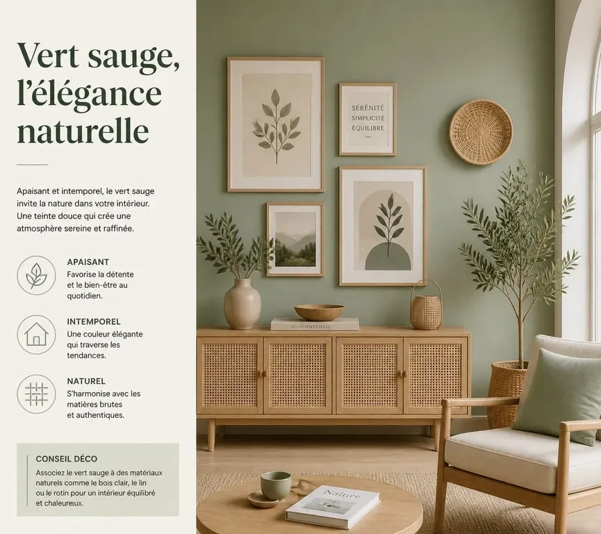 Décoration murale vert sauge avec cadres en bois clair et éléments en rotin dans un salon moderne