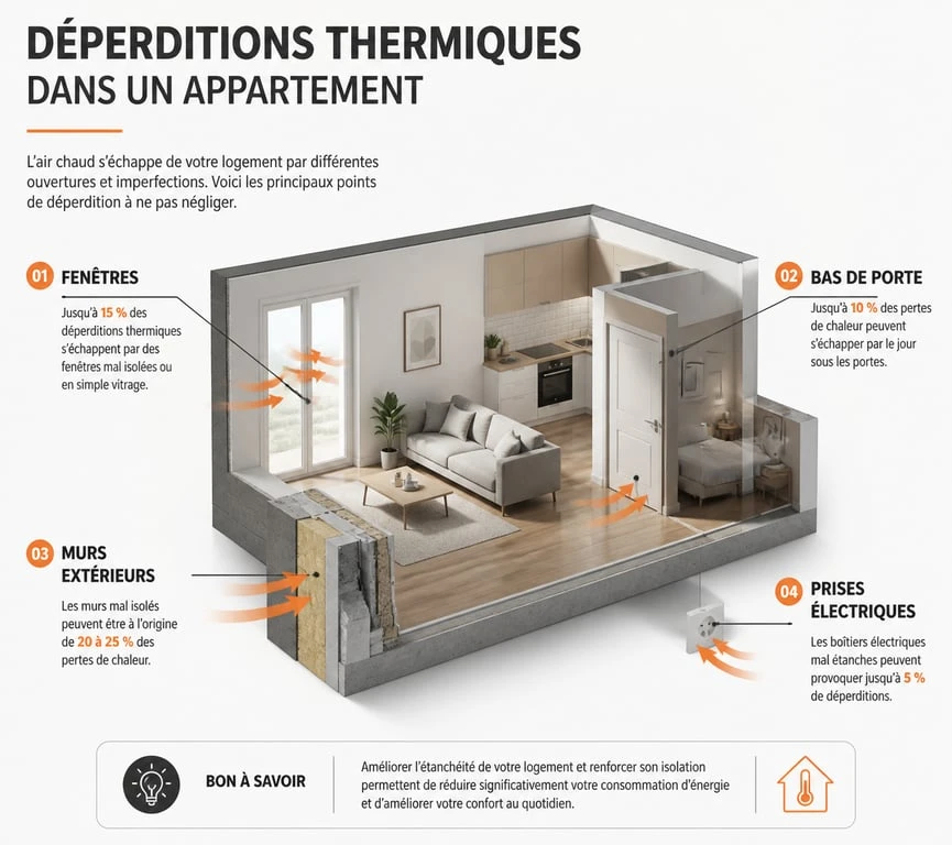 Infographie des points de déperdition thermique pour chauffer un appartement mal isolé
