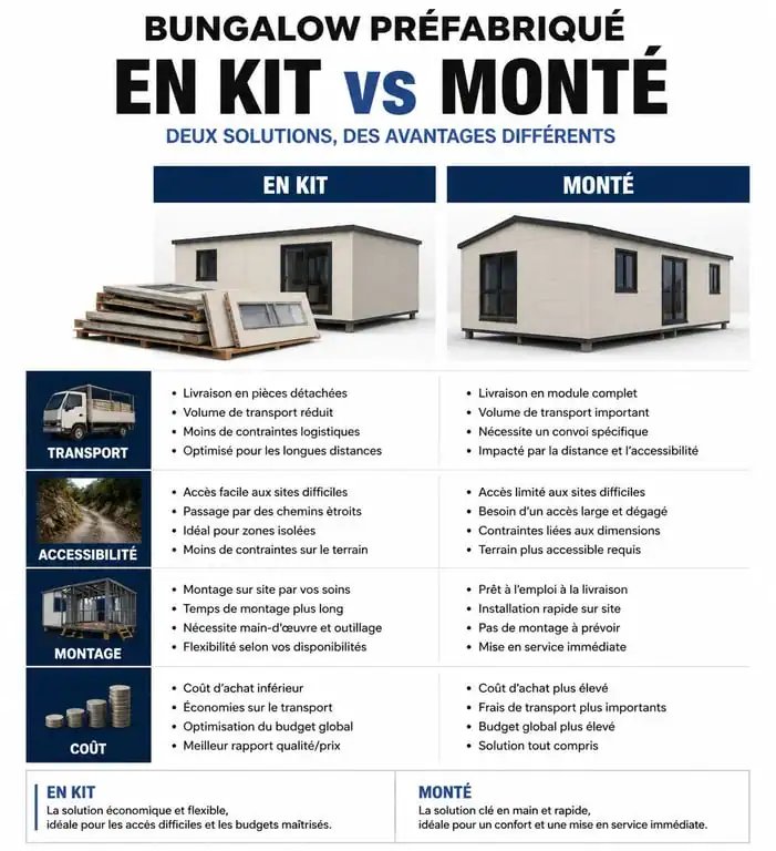 Comparatif bungalow préfabriqué en kit vs monté