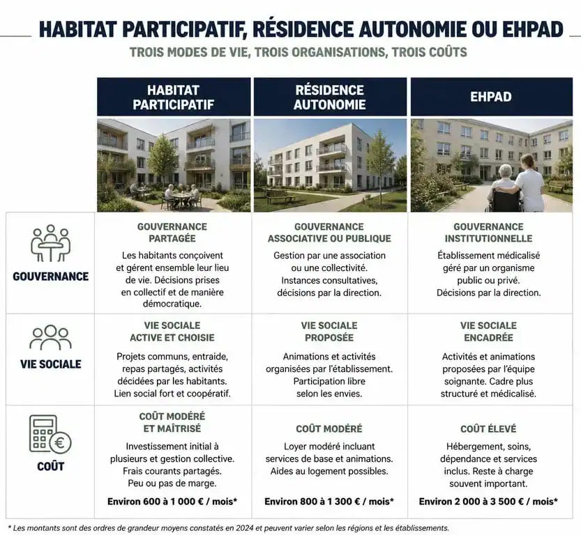 Comparatif des solutions d'habitat participatif pour seniors, résidence autonomie et EHPAD