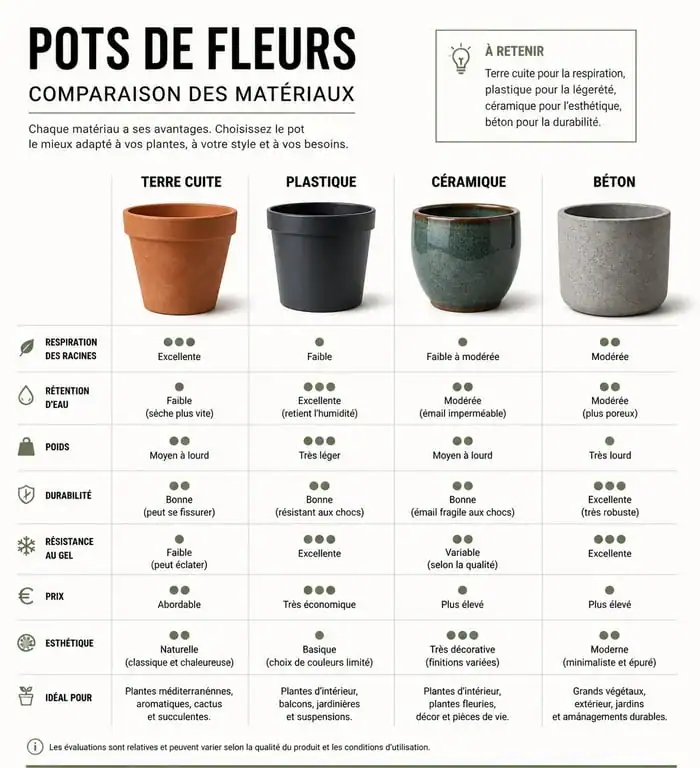 Comparatif des matériaux pour pots de fleurs : terre cuite, plastique, céramique et béton