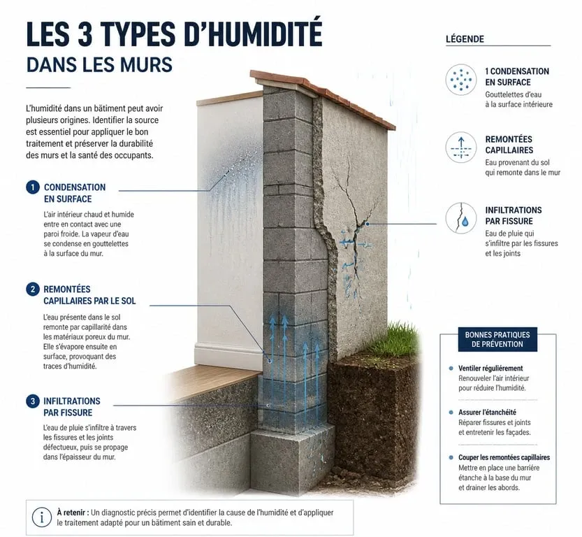 Schéma explicatif des causes de l'humidité sur un mur : condensation, remontées capillaires et infiltrations