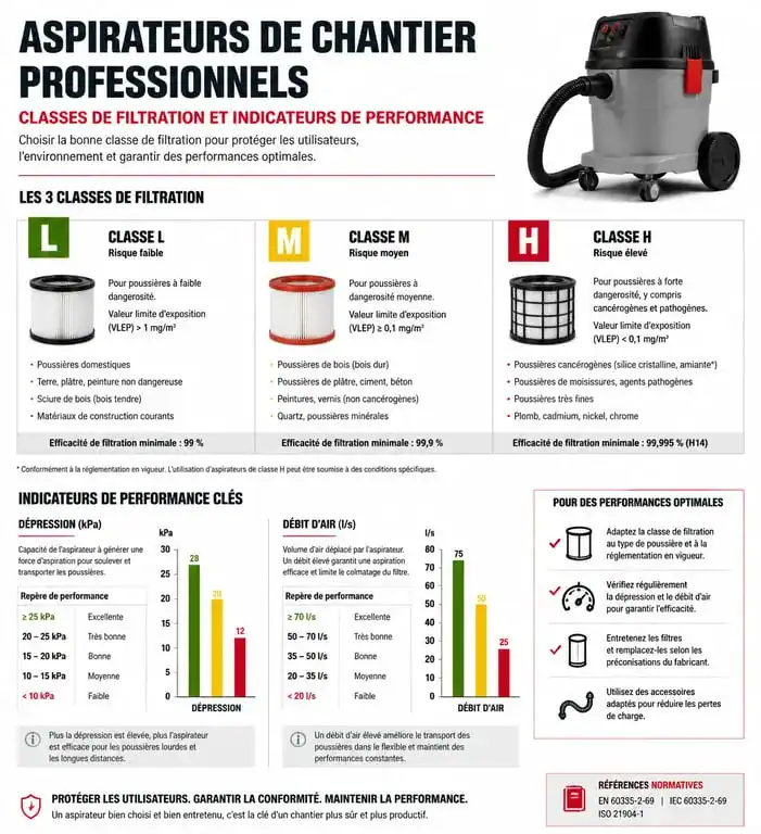 Infographie des classes de filtration et critères techniques pour aspirateur de chantier professionnel