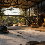 hangar aménagé en maison avec plans et casque de chantier