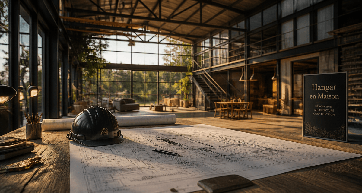 hangar aménagé en maison avec plans et casque de chantier