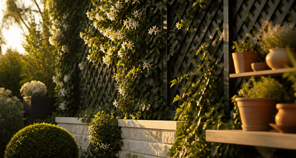 idee pour cacher un mur exterieur avec treillis et jasmin