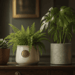 Pot de fleurs en terre cuite, céramique, béton et plastique sur console