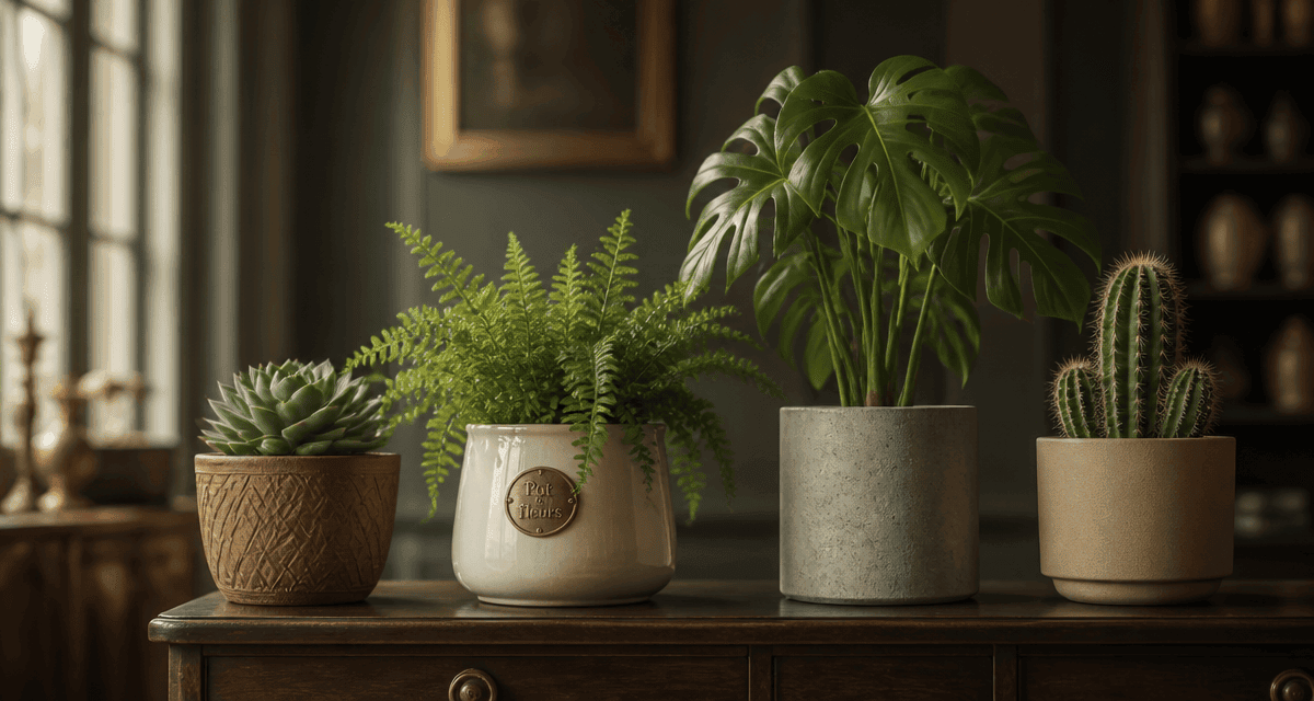 Pot de fleurs en terre cuite, céramique, béton et plastique sur console