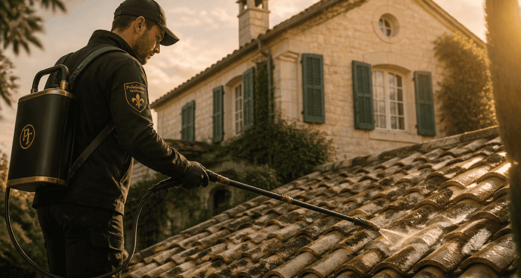 Pulverisation toiture avec lance telescopique sur toit ancien