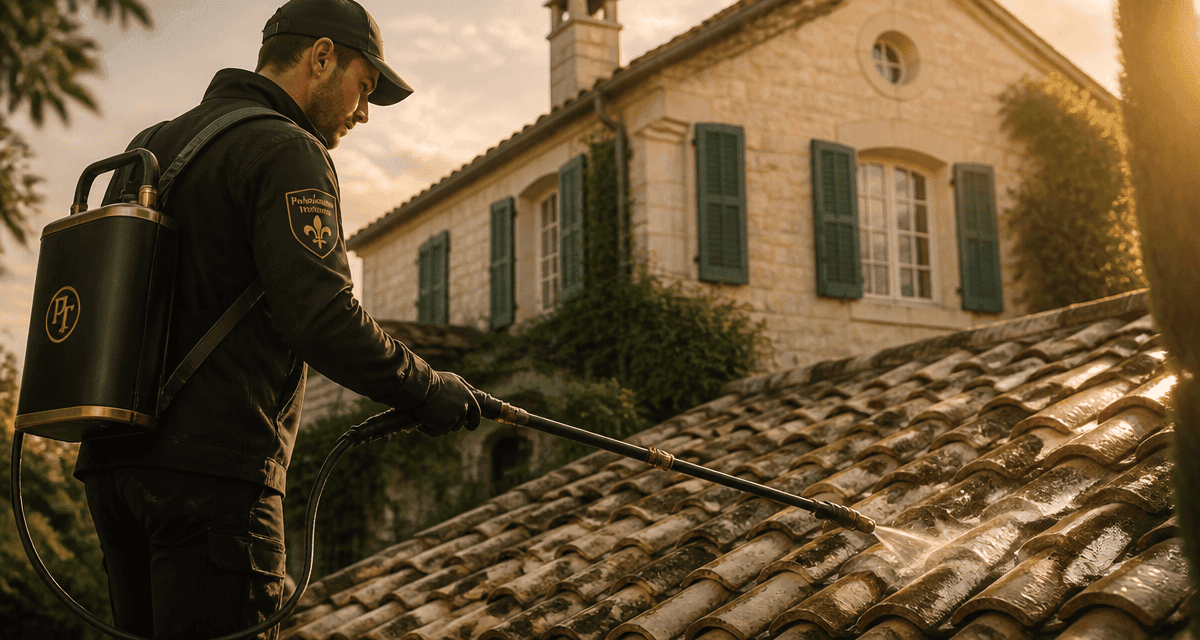 Pulverisation toiture avec lance telescopique sur toit ancien