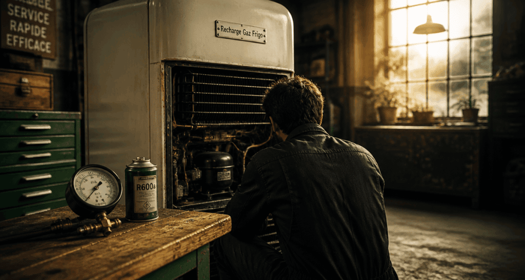technicien recharge en gaz frigo sur réfrigérateur ancien