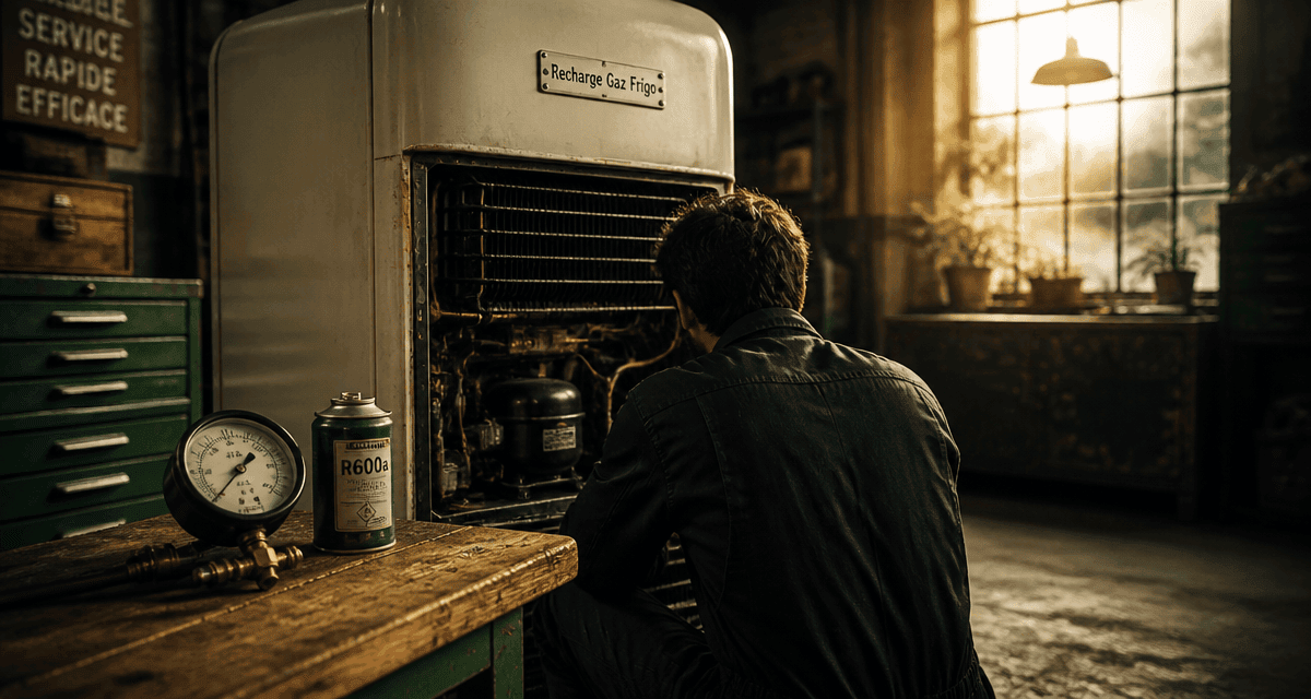 technicien recharge en gaz frigo sur réfrigérateur ancien