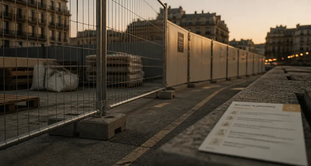 barriere heras sur chantier urbain au crépuscule