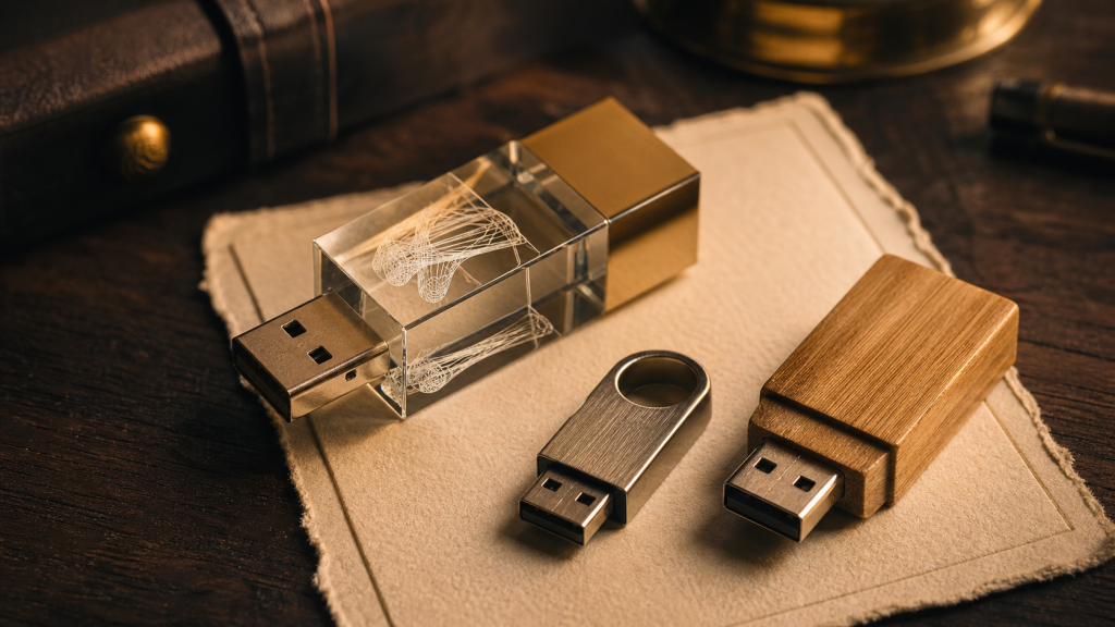 Clé usb design en cristal gravé 3D, vue gros plan sur table bois foncé