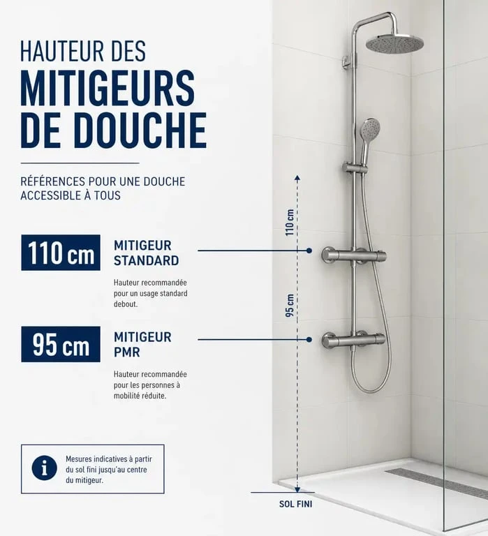 Schéma des hauteurs recommandées pour l'installation d'un mitigeur de douche standard et PMR