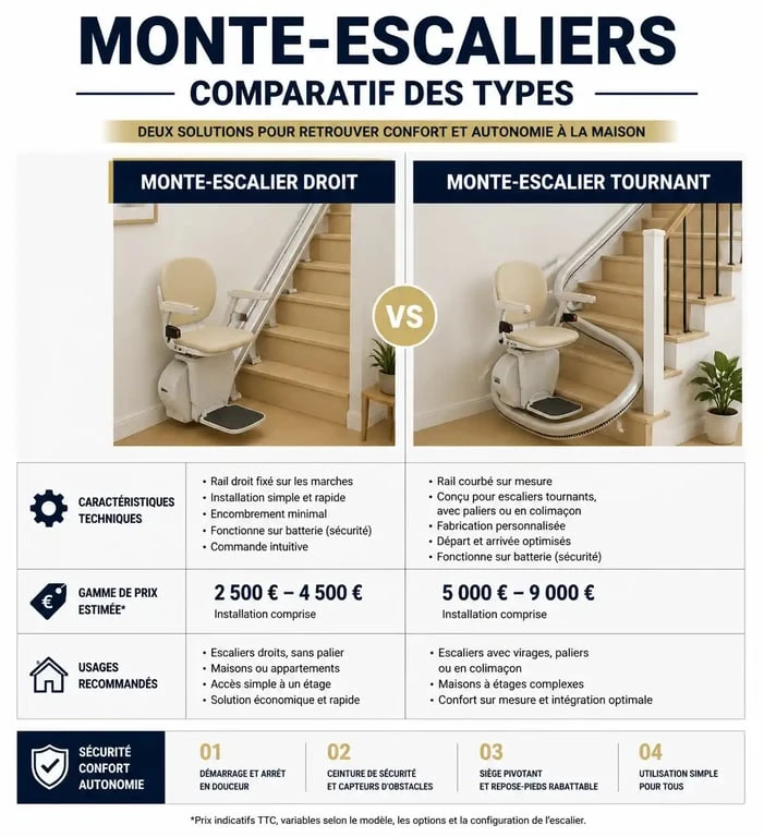 Infographie comparative des prix et caractéristiques des monte-escaliers pour seniors