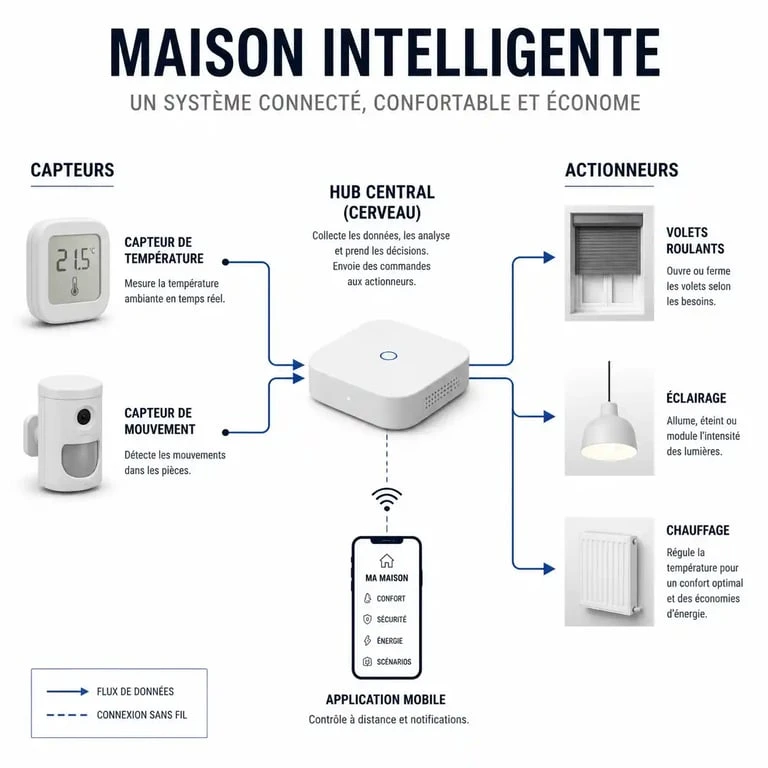 Schéma explicatif du fonctionnement d'une installation domotique et définition de la maison intelligente