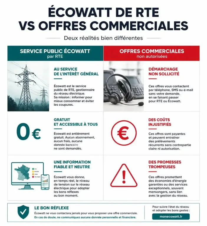 Infographie comparative entre le service public Ecowatt et les offres commerciales frauduleuses pour comprendre les avis sur Ecowatt