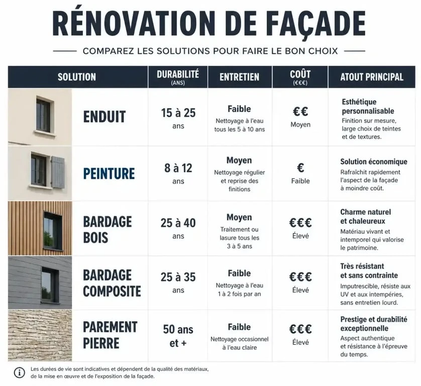 Tableau comparatif des solutions pour rénover ou embellir sa façade : enduit, peinture, bardage et parement.