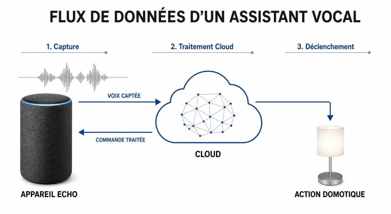 Schéma explicatif du fonctionnement d'Alexa et du traitement des données vocales dans le cloud