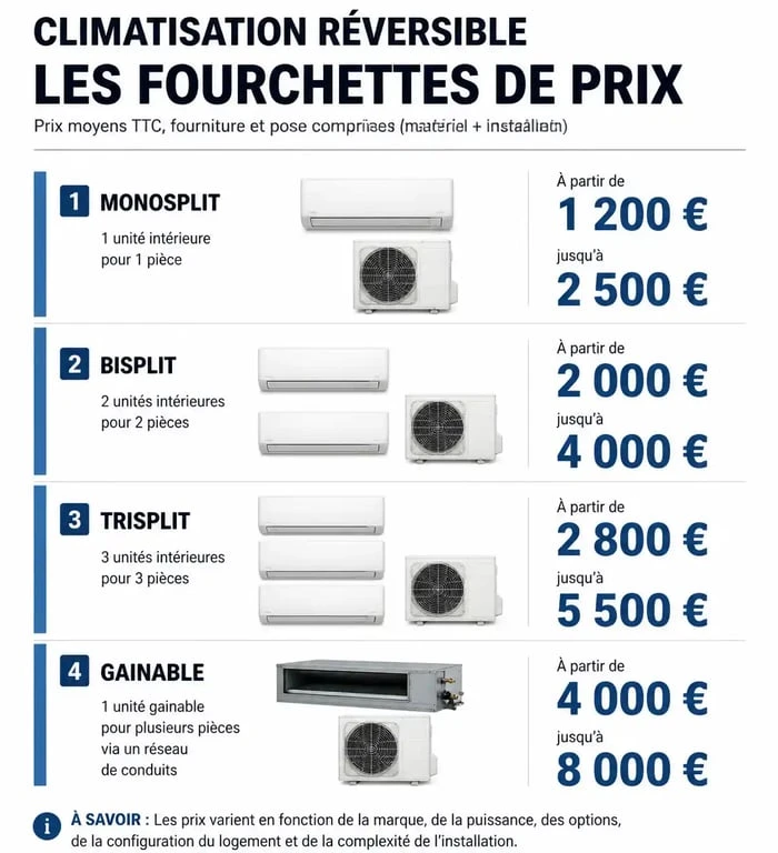 Infographie des prix moyens d'une climatisation réversible selon le type d'installation