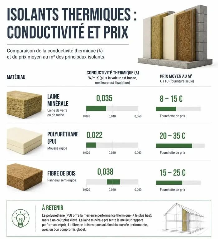 Tableau comparatif des performances et prix des isolants thermiques : laine de verre, fibre de bois, polyuréthane