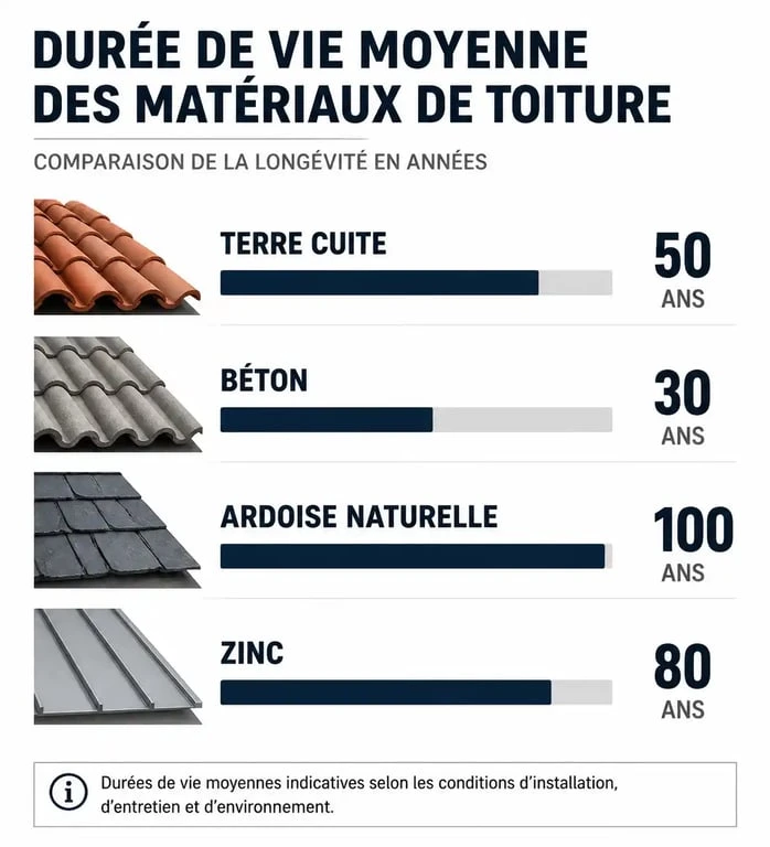 Comparatif de la durée de vie des tuiles en terre cuite par rapport au béton, à l'ardoise et au zinc pour une toiture durable.