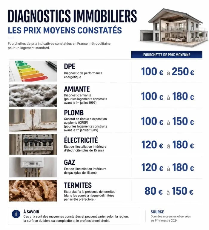 Tableau récapitulatif des prix moyens des diagnostics immobiliers obligatoires pour une vente ou une location