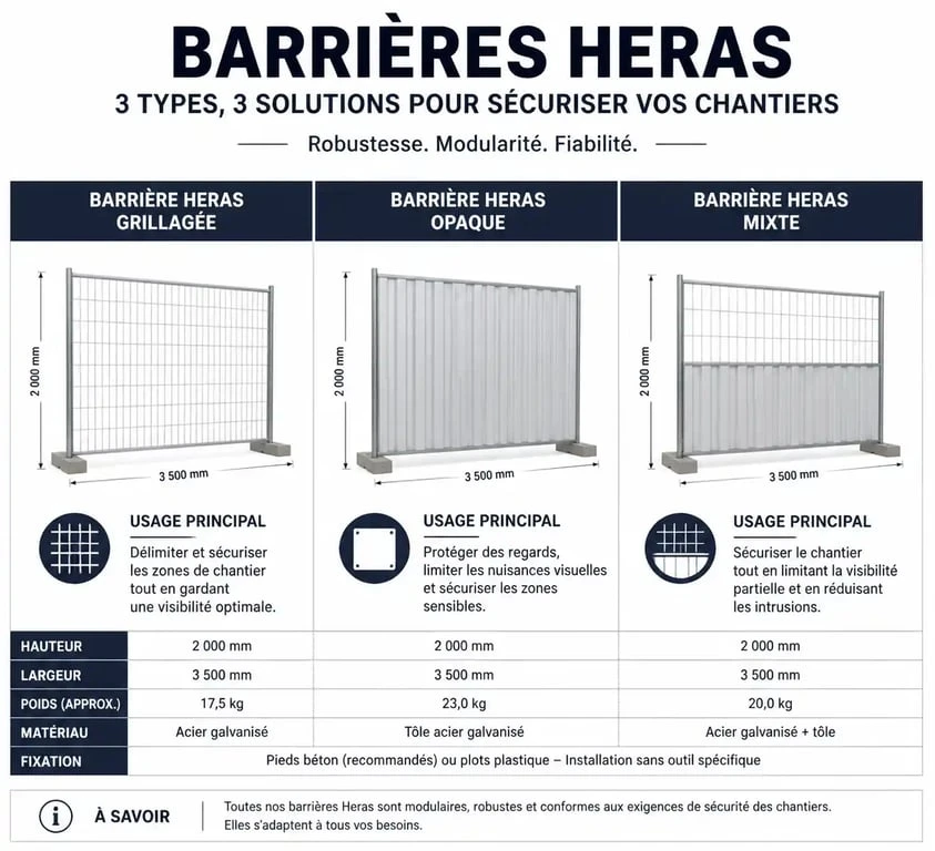 Comparatif des modèles de barrières Heras : grillagée, opaque et mixte pour chantiers et événements