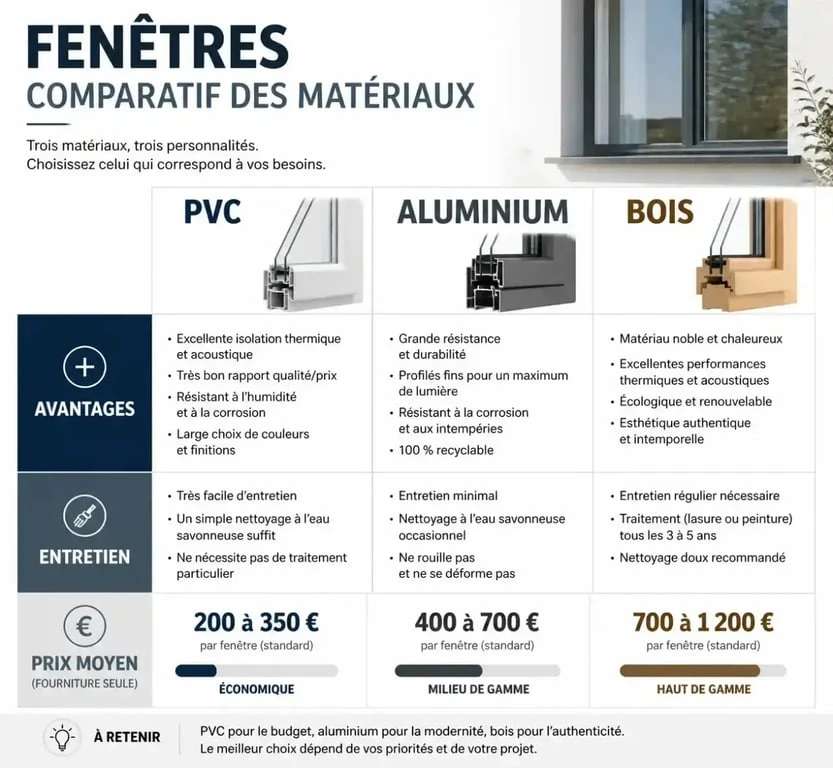Comparatif des matériaux pour fenêtre double vitrage sur mesure : PVC, Aluminium et Bois