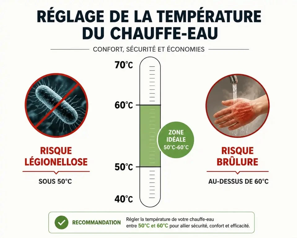 Infographie sur la température idéale pour chauffe-eau : zone de sécurité entre 50°C et 60°C pour éviter légionellose et brûlures.