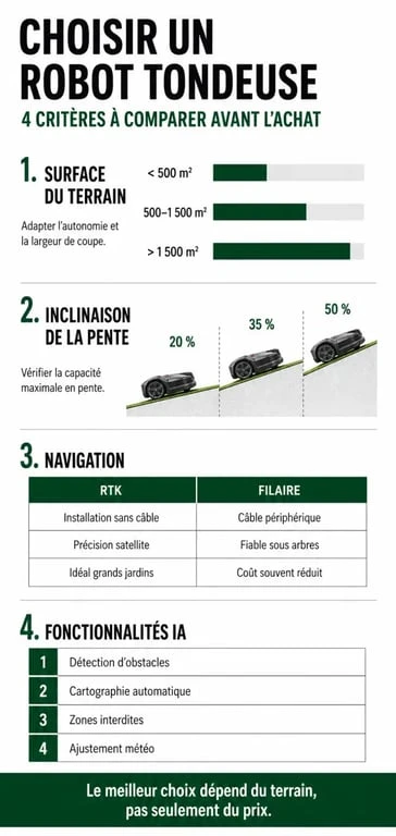 Infographie comparative des critères de choix pour le meilleur robot tondeuse 2025