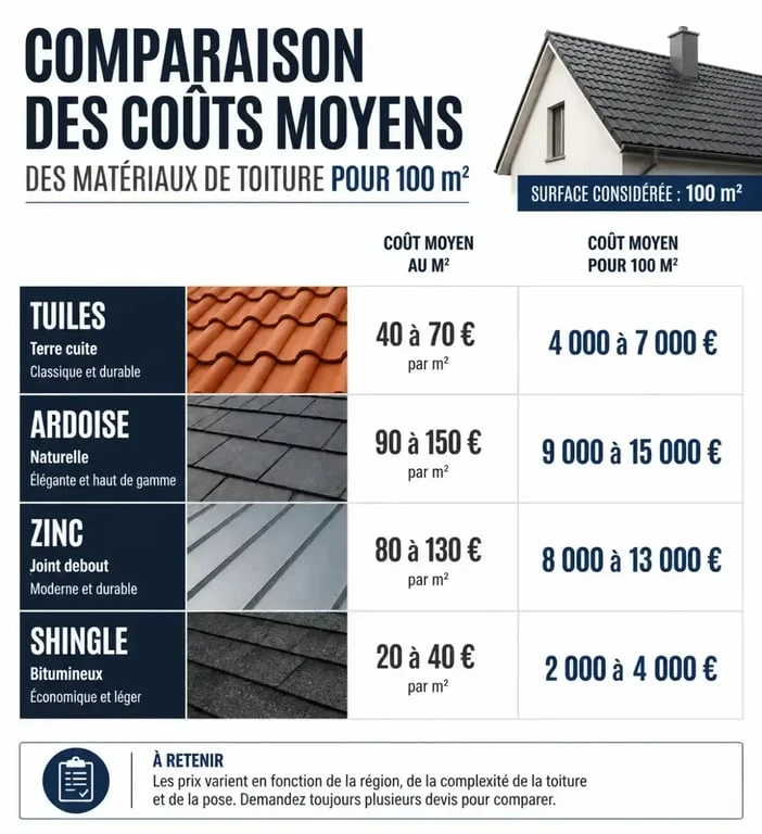 Comparatif des prix moyens pour la rénovation d'une toiture de 100m² selon le matériau.
