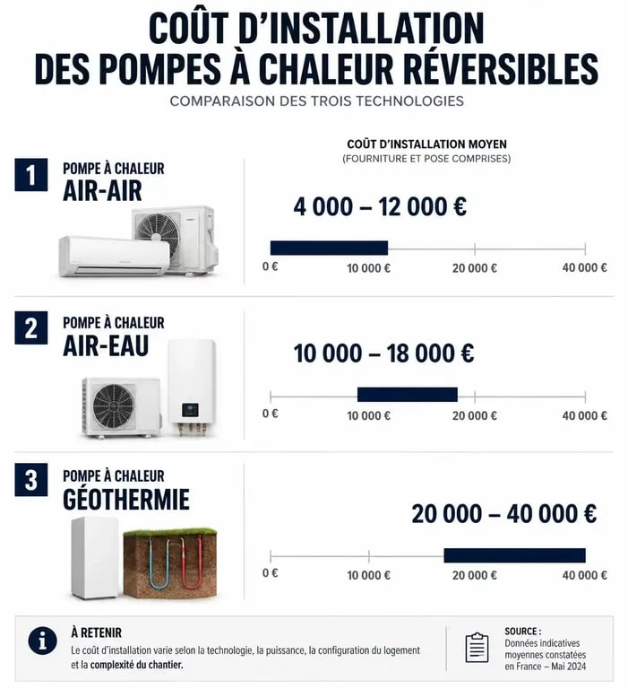 Comparatif des prix d'installation d'une pompe à chaleur clim réversible selon la technologie
