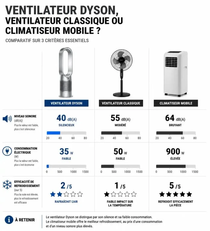Comparatif ventilateur Dyson, ventilateur classique et climatiseur pour la canicule