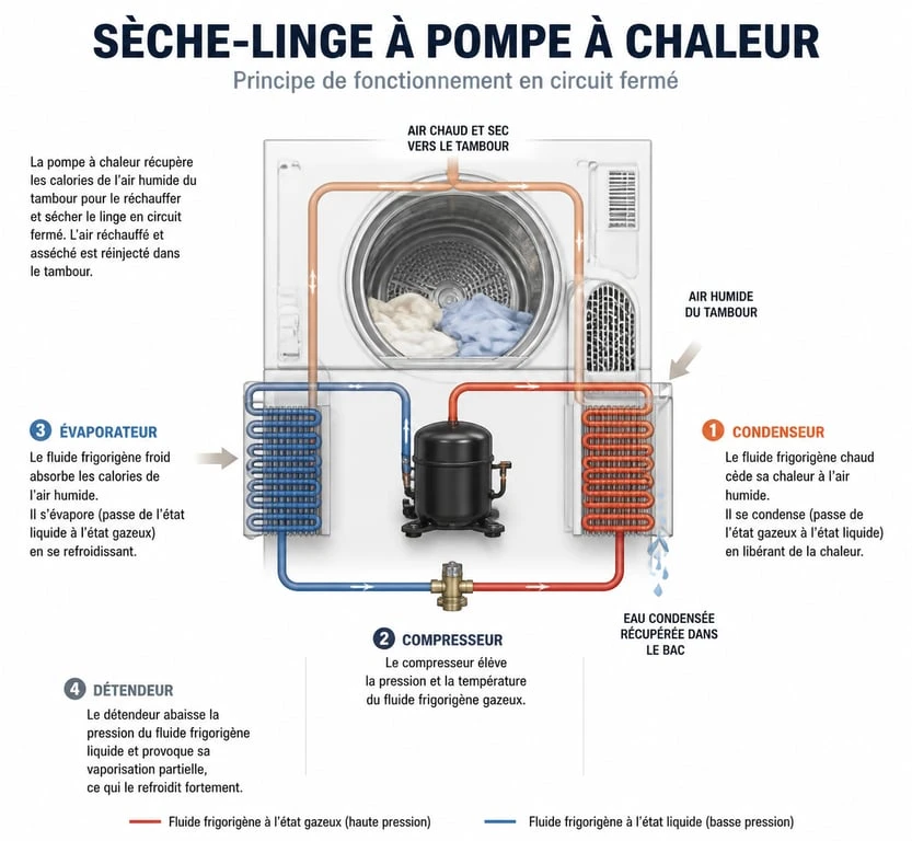 Schéma de fonctionnement d'un sèche-linge pompe à chaleur pour comprendre ce qu'est cette technologie