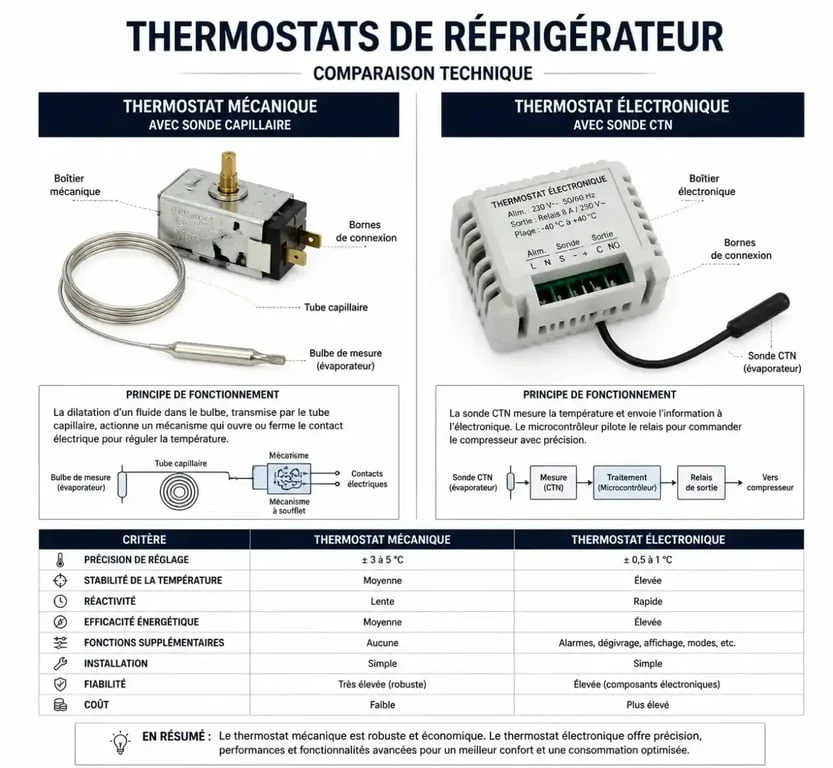 Schéma comparatif entre un thermostat mécanique à sonde capillaire et un thermostat électronique pour frigo.