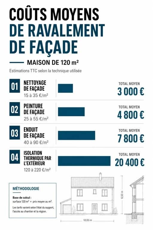 Infographie des prix de ravalement de façade pour une maison de 120m2 selon les techniques