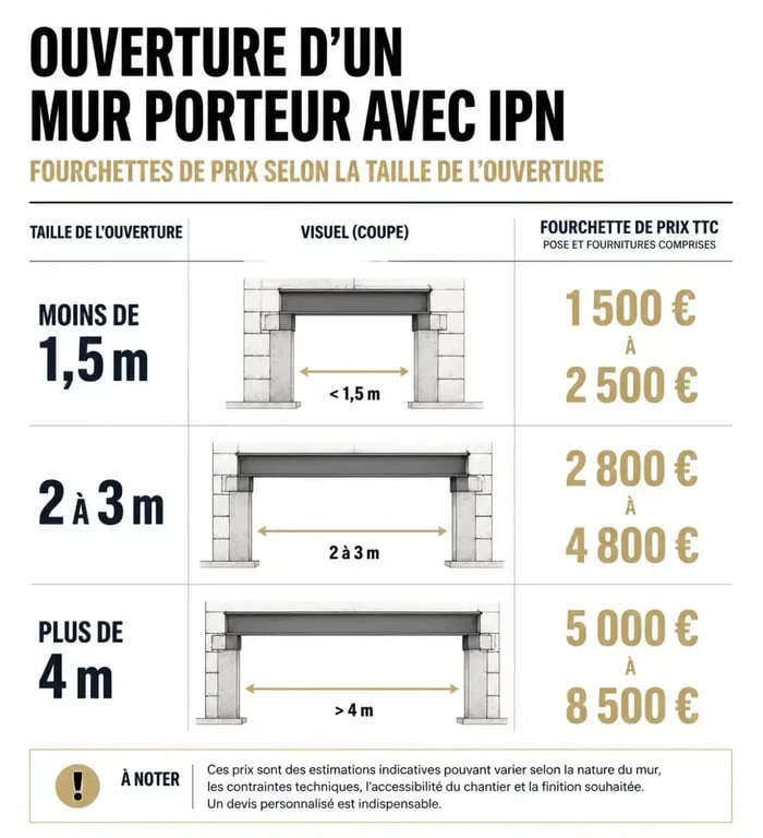 Tableau comparatif des prix pour l'ouverture d'un mur porteur avec IPN selon les dimensions de l'ouverture