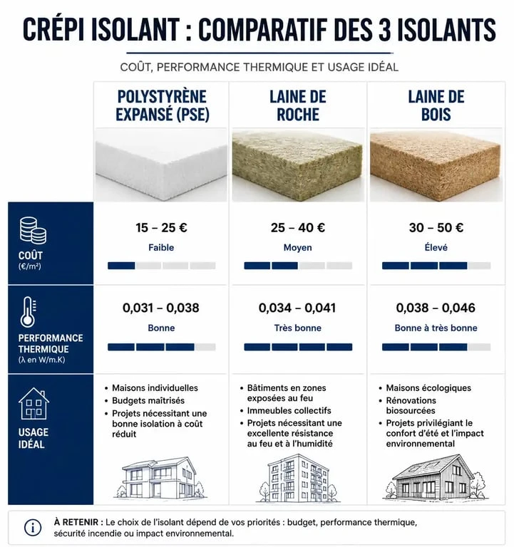 Comparatif des isolants pour crépi isolant : polystyrène, laine de roche et laine de bois