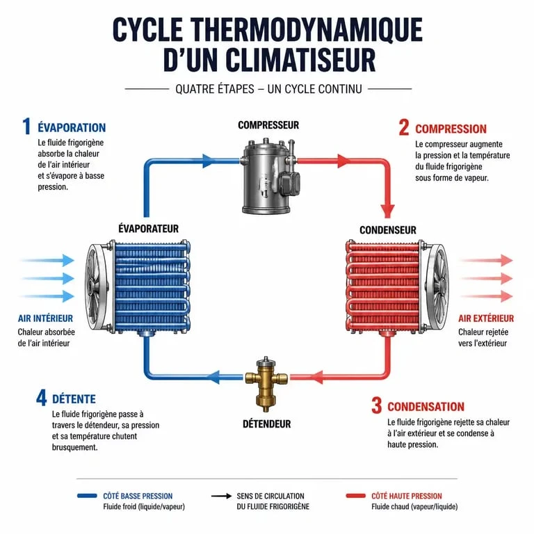 Schéma explicatif du fonctionnement d'un climatiseur et de son cycle thermodynamique
