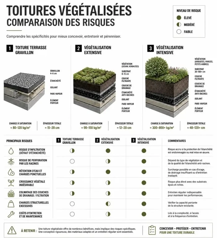 Tableau comparatif des inconvénients et risques techniques d'une toiture végétalisée selon le type d'installation