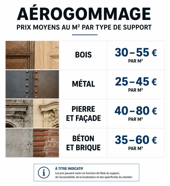 Infographie des prix moyens de l'aérogommage au m2 par type de support pour comparer le prix aerogommage au m2